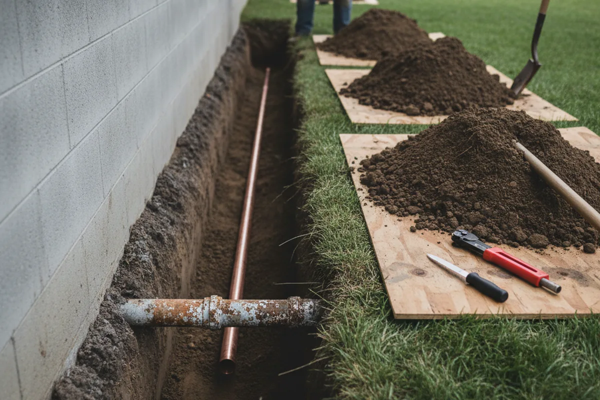 Excavated water line trench during Water Softener Installation in Yorktown
